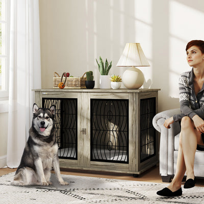 Extra Large Indoor Dog Crate Table With Cushion and Lockable Door For Home Use Grey