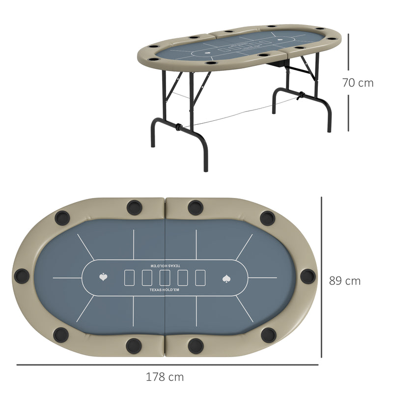 10 Player Folding Poker Table with Cup Holders and Padded Edge for Home Games Brown Blue AOSOM