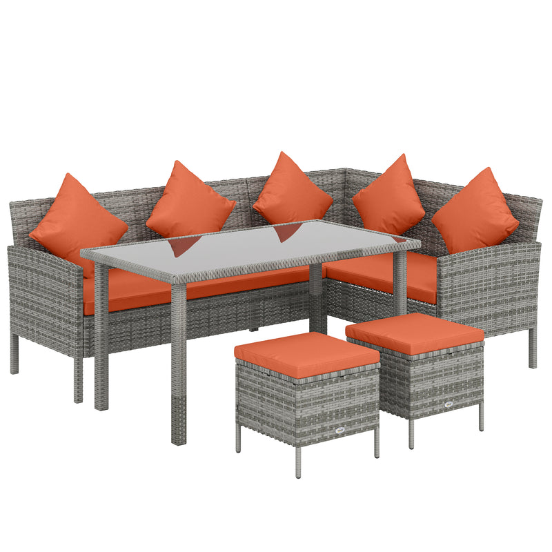 4 Seater Rattan Garden Sofa Dining Set with Cushions and Table for Family Gatherings, Mixed Grey/Orange Outsunny