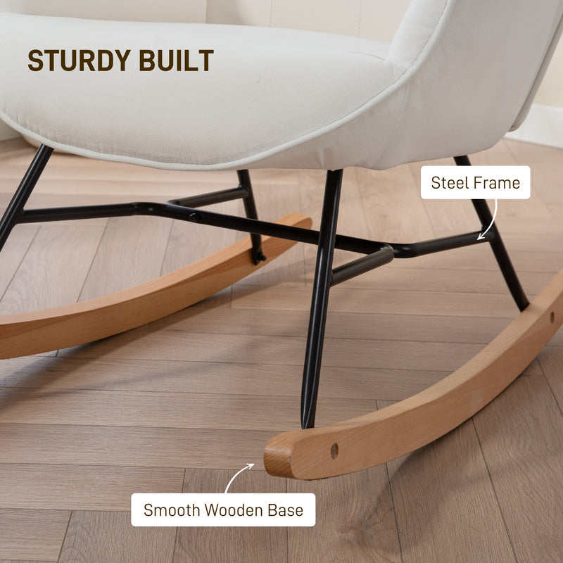 Cream Velvet Rocking Chair with Solid Wood Legs and Metal Frame for Living Room or Bedroom
