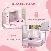 Kids Dressing Table Set with Stool Mirror and Drawer for Bedroom Playroom Use, Pink