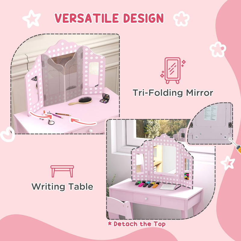 Kids Dressing Table Set with Stool Mirror and Drawer for Bedroom Playroom Use, Pink
