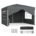 Dark grey 3 x 3 m pop up gazebo with four sides, ground stakes, guy ropes and carry bag