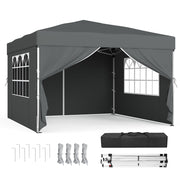 Dark grey 3 x 3 m pop up gazebo with four sides, ground stakes, guy ropes and carry bag