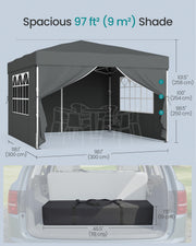 Size diagram giving a 300 x 300 cm footprint, three roof heights and a 118 cm carry bag