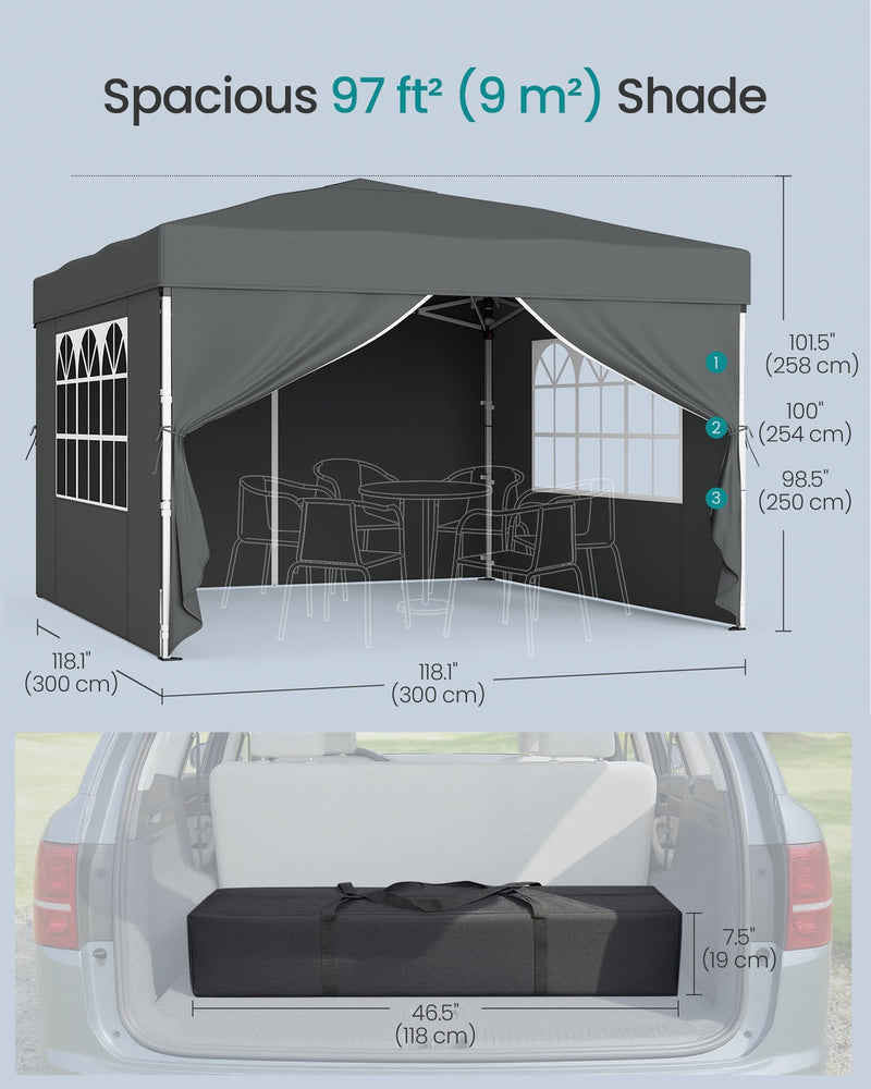 Size diagram giving a 300 x 300 cm footprint, three roof heights and a 118 cm carry bag