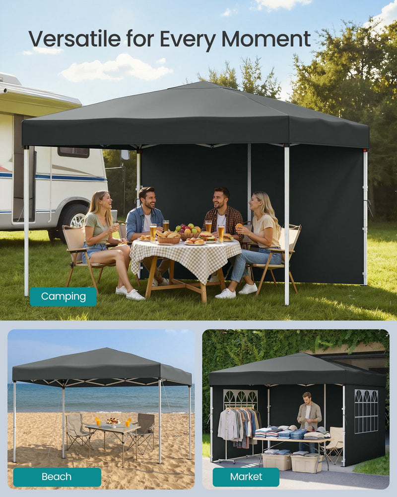 Gazebo set up for camping beside a motorhome, on a beach and at an outdoor market stall