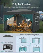 Three people sitting inside the gazebo with all four removable side panels closed