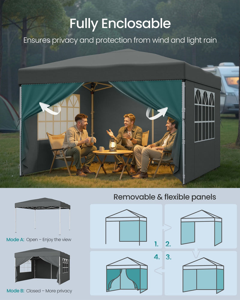 Three people sitting inside the gazebo with all four removable side panels closed