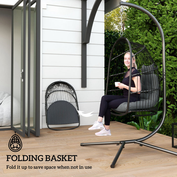 Dark Grey Hanging Egg Chair Rattan Swing Seat with Cushion and Headrest for Garden or Indoor by Outsunny