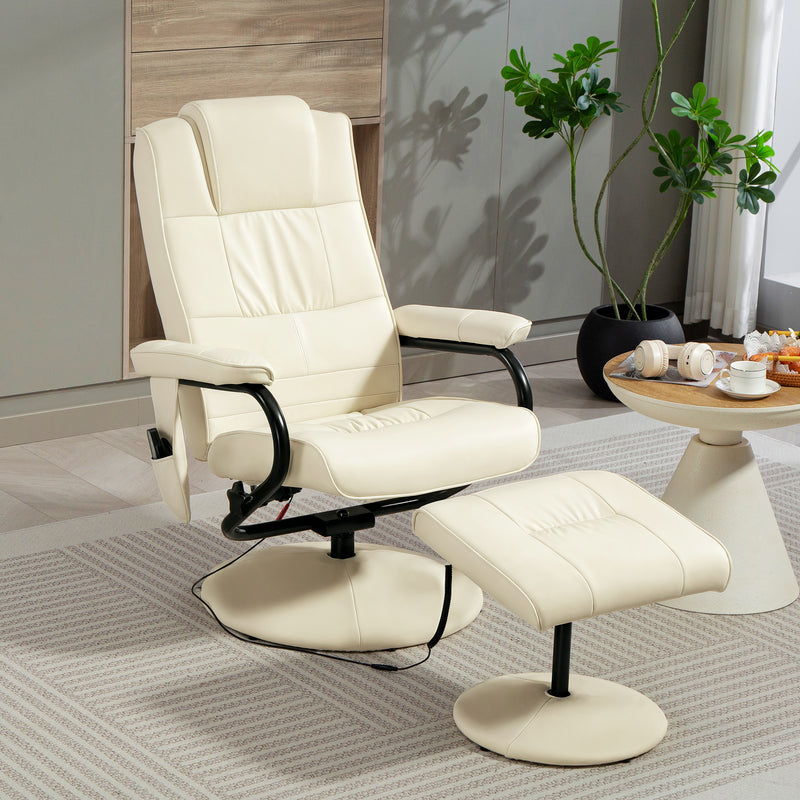Swivel Recliner Massage Chair with Footstool and Remote Control for Home Comfort, Cream White