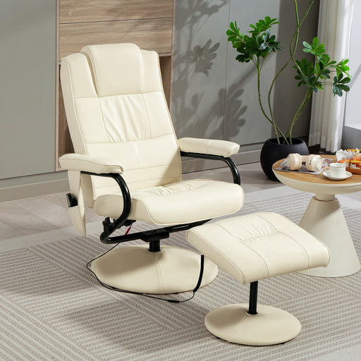 Swivel Recliner Massage Chair with Footstool and Remote Control for Home Comfort, Cream White
