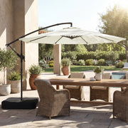 3m Beige Cantilever Umbrella For Patio with Base - 360 Degree Shade - Top Vent - Crank Handle