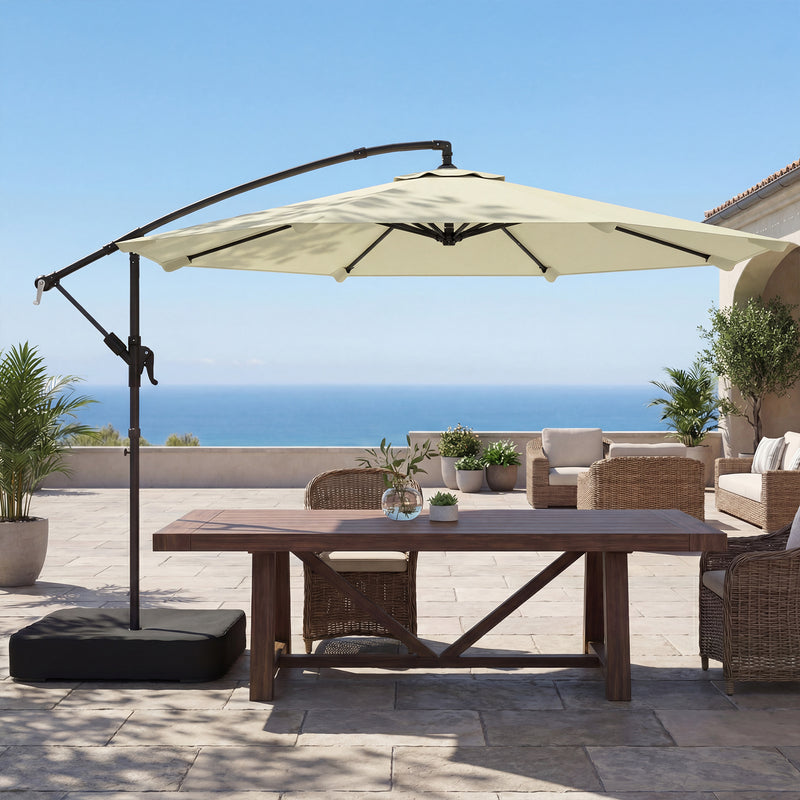 3m Beige Cantilever Umbrella For Patio with Base - 360 Degree Shade - Top Vent - Crank Handle