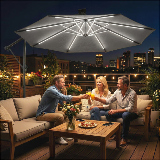 3m Cantilever Garden Parasol with LED Lights - UPF 30+ Adjustable Shade for Patio, Grey