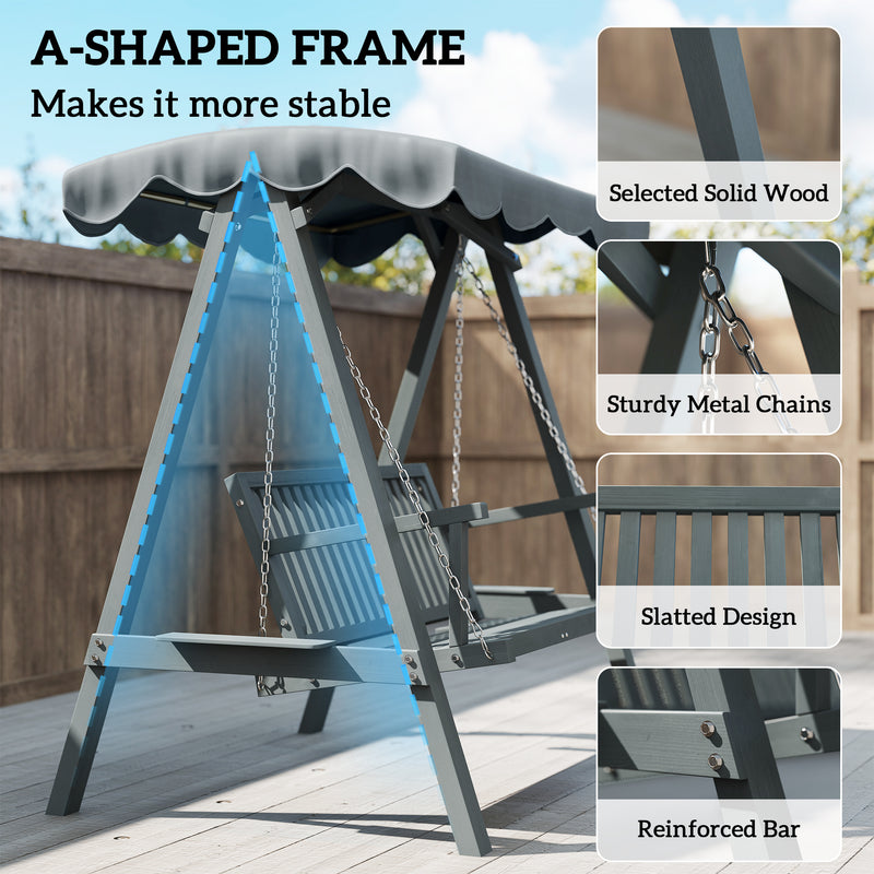 Grey Wooden Garden Swing Seat for 2 Adults with Water Resistant Canopy and Wooden Frame Outsunny