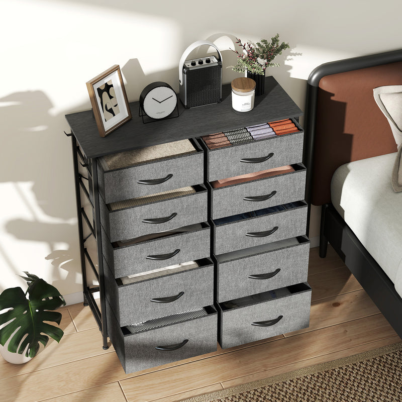 Tall Chest of 10 Fabric Drawers for Bedroom Storage with Steel Frame, Charcoal Grey