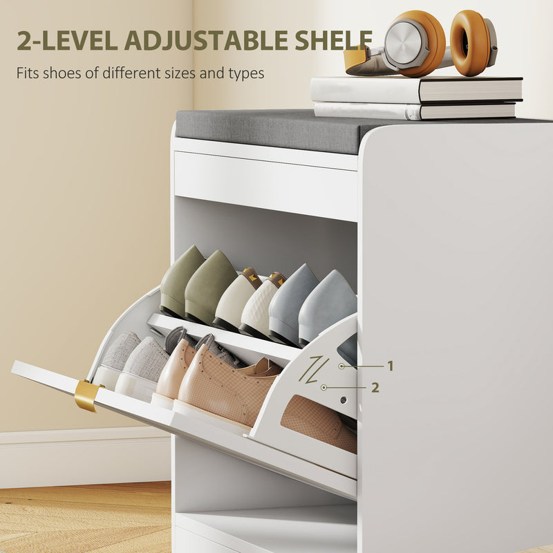 White Shoe Storage Bench For Entryway - Flip Drawer With Chevron Detail - Grey Cushioned Seat Homcom