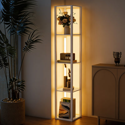 Tall Floor Lamp With Adjustable Brightness And Storage Shelves For Living Room, White