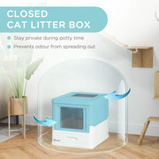Light Blue Hooded Cat Litter Box with Scoop and Front Entry Portable Pet Toilet
