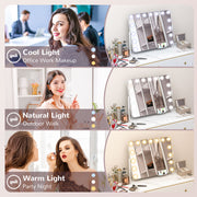 Tabletop Makeup Mirror with 14 LED Bulbs and Adjustable Brightness Settings, White