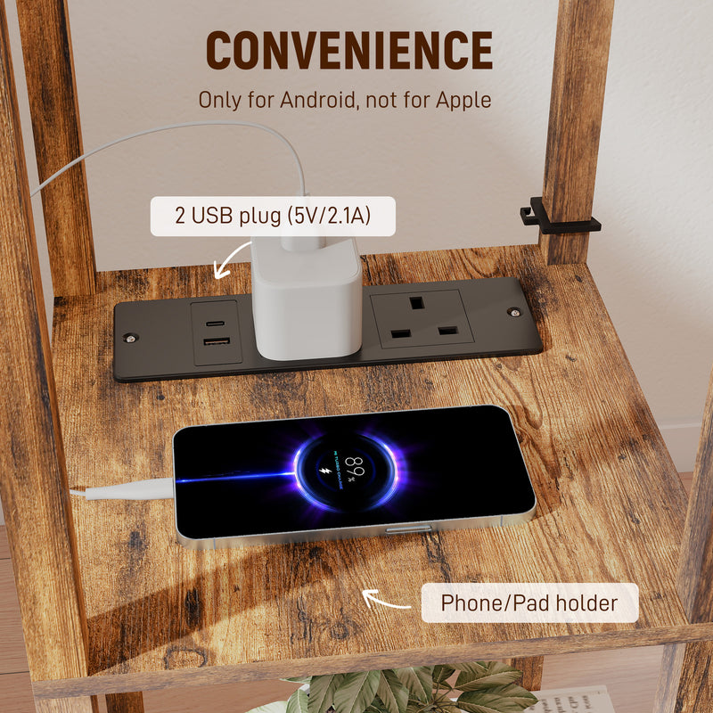 Floor Lamp With Shelves For Living Room or Bedroom - USB Charging Ports, Rustic Brown Homcom