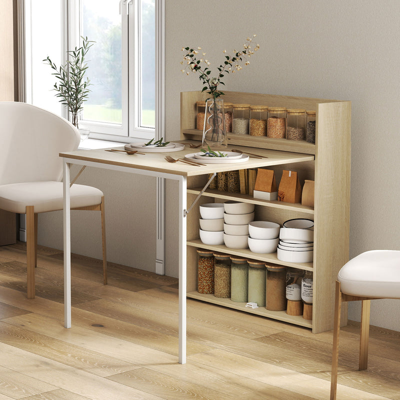 Extendable Dining Table with Storage Shelves for Small Spaces Oak and White AOSOM