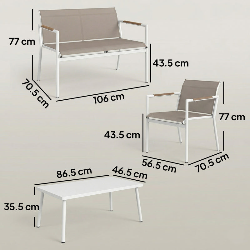 Outsunny 4 Seater Garden Furniture Set with Loveseat, Armchairs, Table, Metal Garden Sofa Set with Breathable Seats, Khaki AOSOM