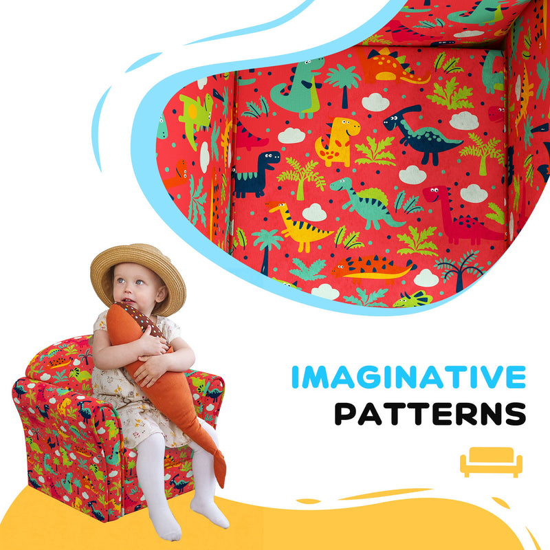 Kids Dinosaur Armchair with Wooden Frame Support Ideal for Bedroom or Playroom, Red