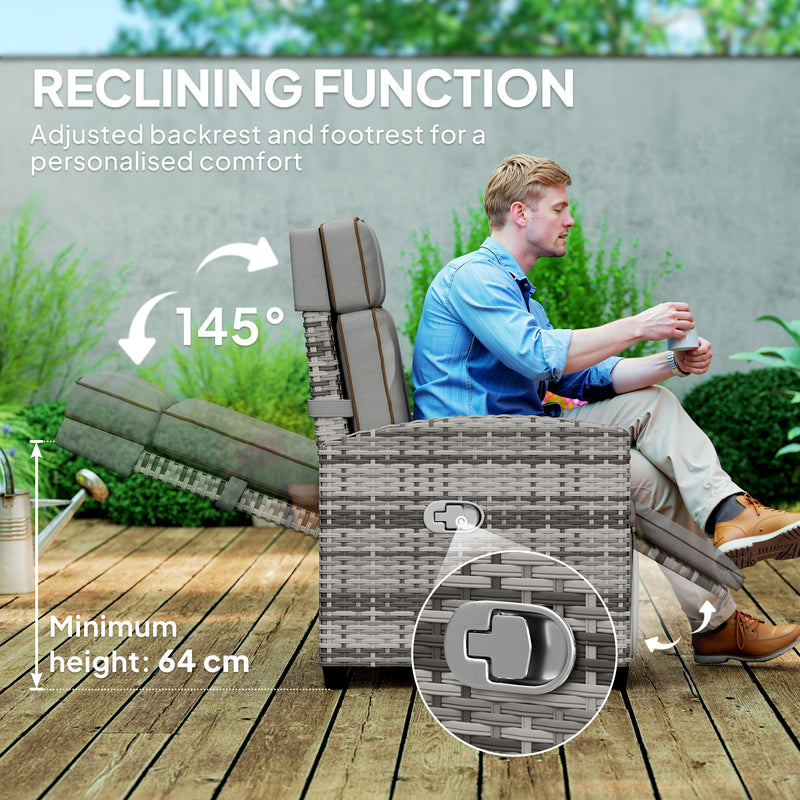 Rattan Garden Recliner Chair with Adjustable Backrest Cushion and Flip Table Mixed Grey by Outsunny