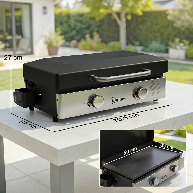 Tabletop Gas BBQ with 2 Burners and Large Griddle for Easy Outdoor Cooking Black Outsunny
