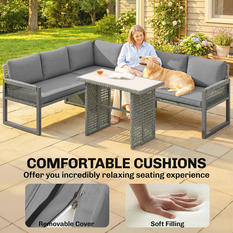Modular Rattan Patio Furniture Set with Washable Cushions and Glass Table, Grey