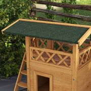 Outdoor Wooden Cat House With Balcony And Stairs Ideal Shelter For Pets, Natural Wood Finish