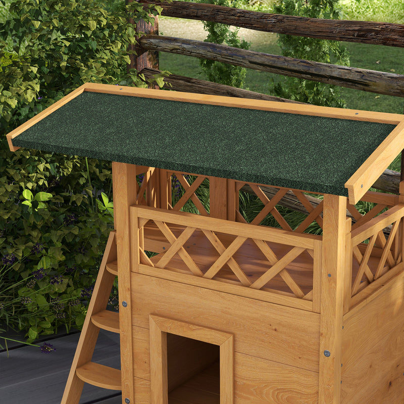 Outdoor Wooden Cat House With Balcony And Stairs Ideal Shelter For Pets, Natural Wood Finish