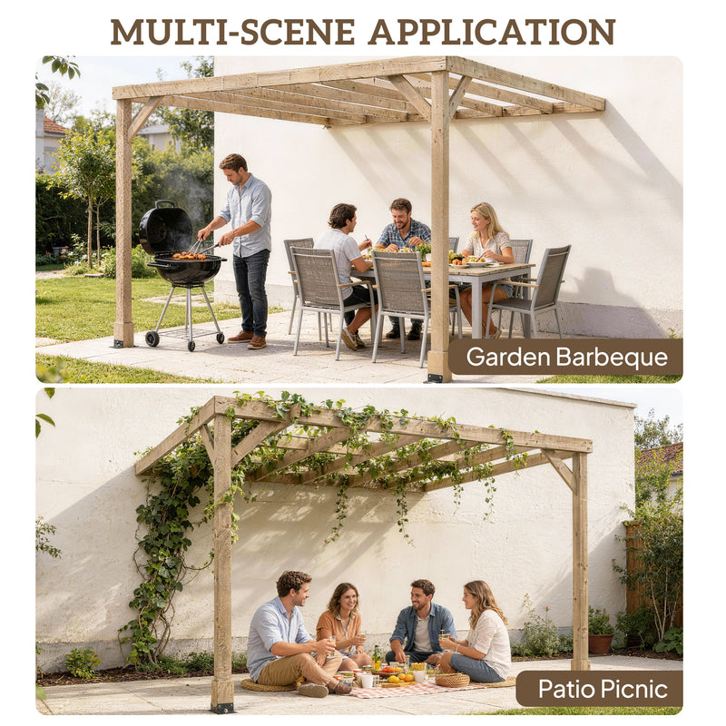 Wooden Lean To Pergola Kit With Concrete Anchors For Garden Patio Shade Light Brown AOSOM