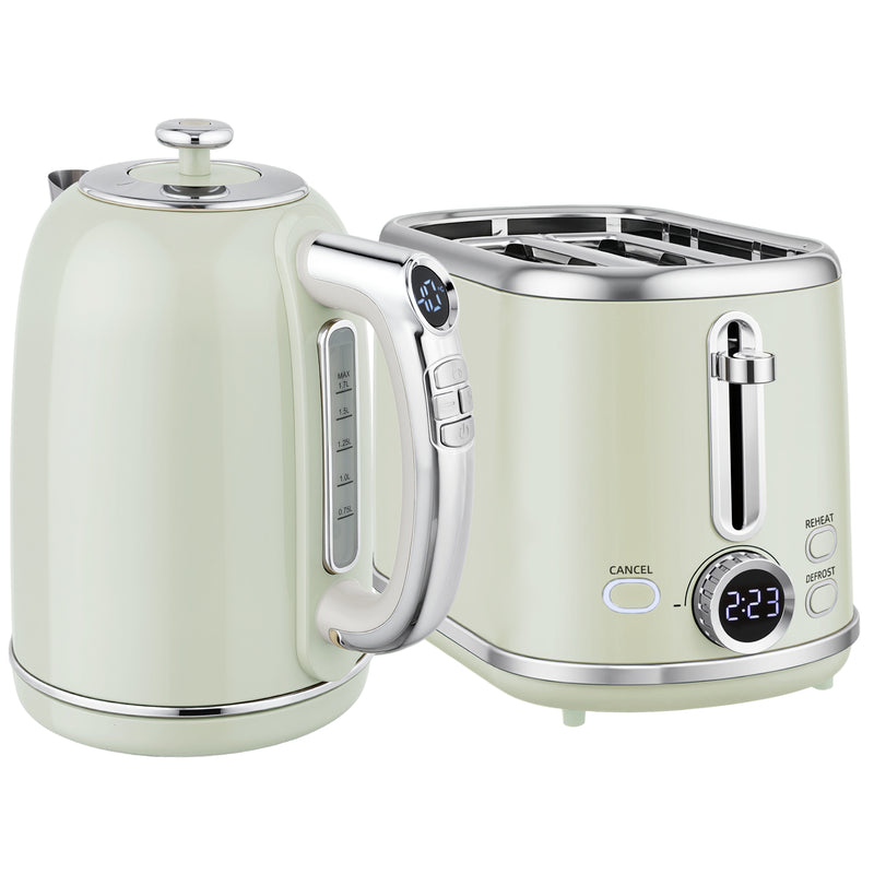 Green Retro Kettle and Toaster Set with Adjustable Temperature Ideal for Breakfast