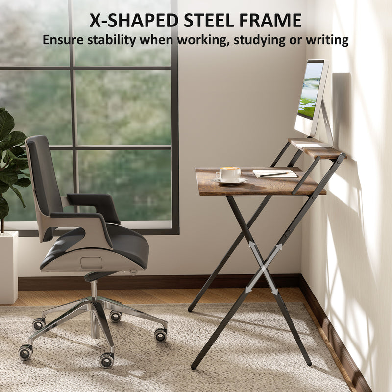 Rustic Brown Folding Computer Desk with Monitor Shelf 81.5 cm Space Saving Design by HOMCOM