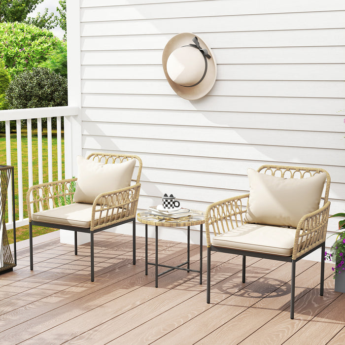 Beige 3 Piece Rattan Bistro Set with Cushions and Glass Top Table for Garden or Balcony by Outsunny