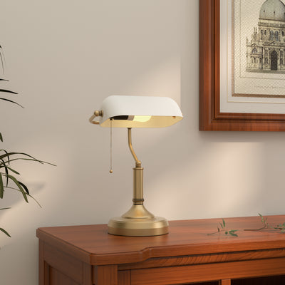 Antique Style Bankers Table Lamp with White Glass Shade for Home Office Desk, White