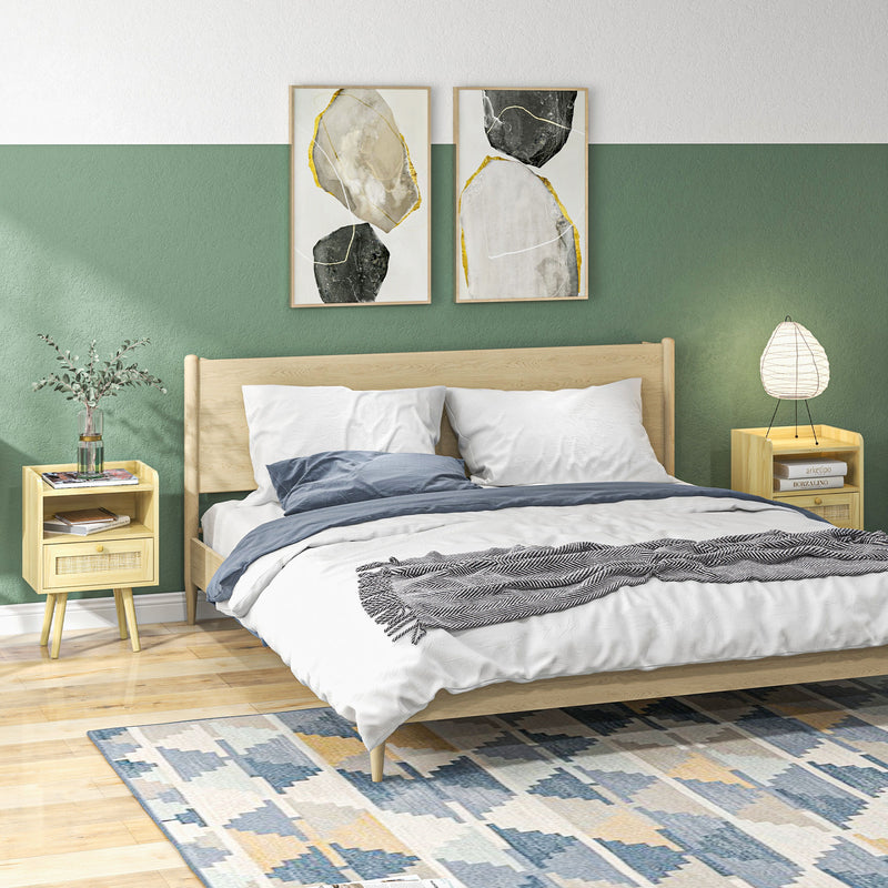 Set of Two Rattan Bedside Tables with Drawers for Bedroom Storage Wood Effect Brown