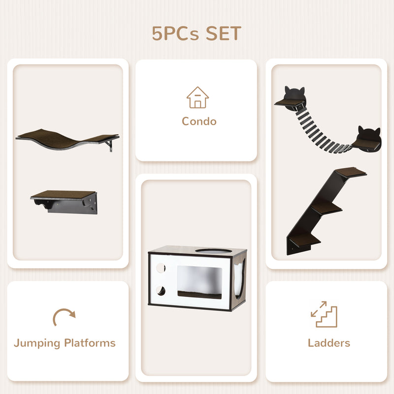 5 Piece Wall Mounted Cat Shelves With Climbing Tree for Indoor Play and Rest, Brown