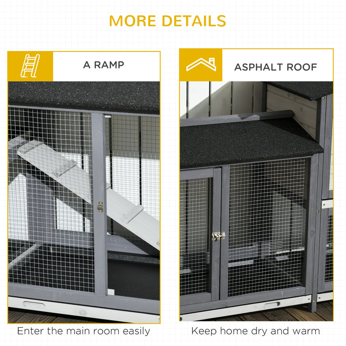 Large 2-Tier Rabbit Hutch with Double Side Runs Plastic Tray and Ramp Light Grey by PawHut