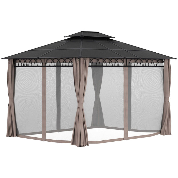 3x3.6m Polycarbonate Gazebo With Double Roof Curtains, Insect Nets