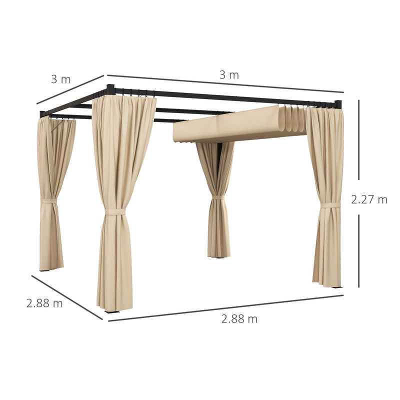3x3m Metal Pergola with Retractable Roof and Sides, Beige