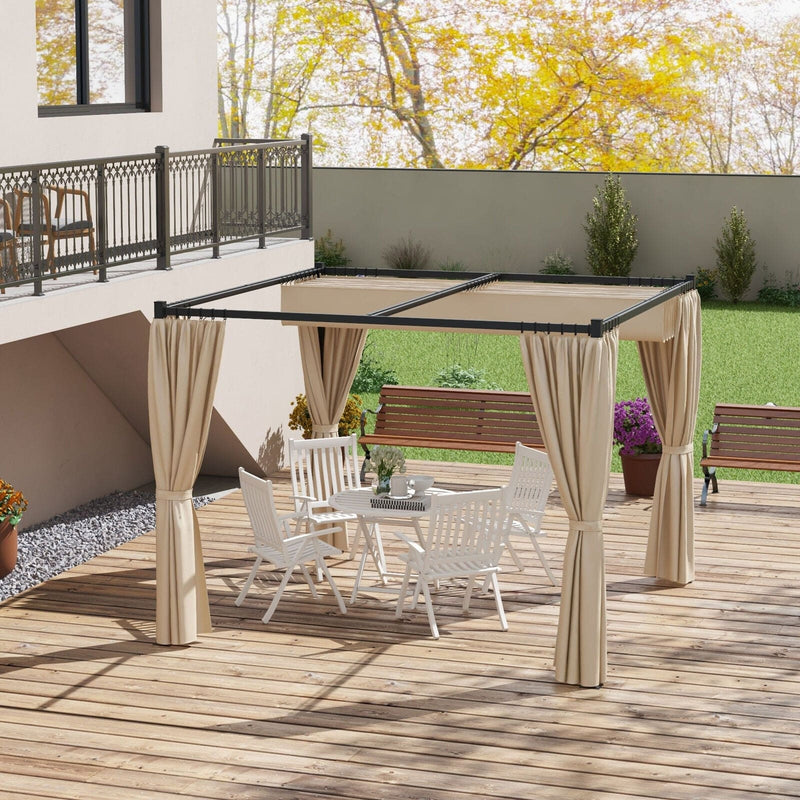 3x3m Metal Pergola with Retractable Roof and Sides, Beige