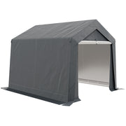 Dark grey Outsunny portable storage shed tent with the front door unzipped, studio shot