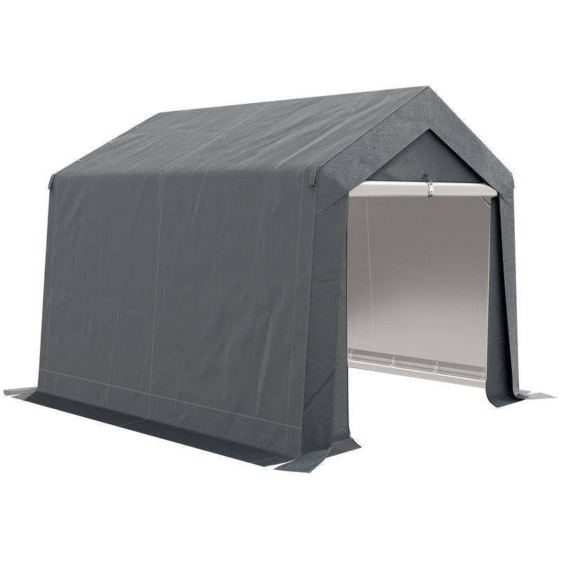 Dark grey Outsunny portable storage shed tent with the front door unzipped, studio shot
