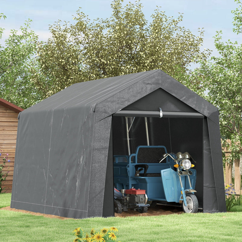 Dark grey storage shed tent set up on a lawn with a motorcycle parked inside