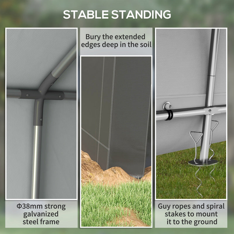 Three panels showing the 38mm galvanised steel frame, buried extended edges and spiral ground stakes