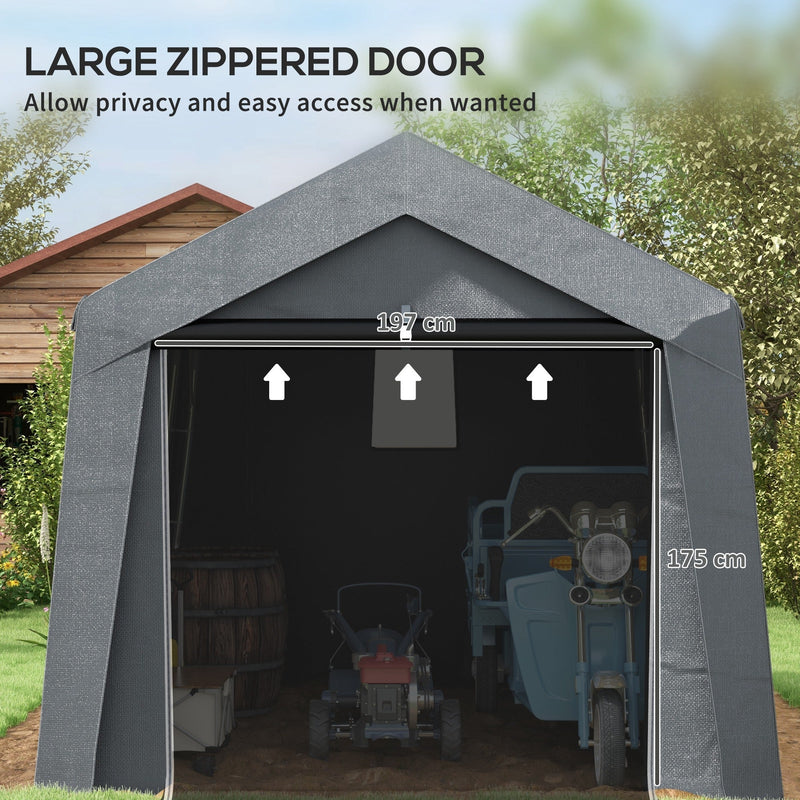 Front view of the wide zippered door opened fully with garden machinery stored inside